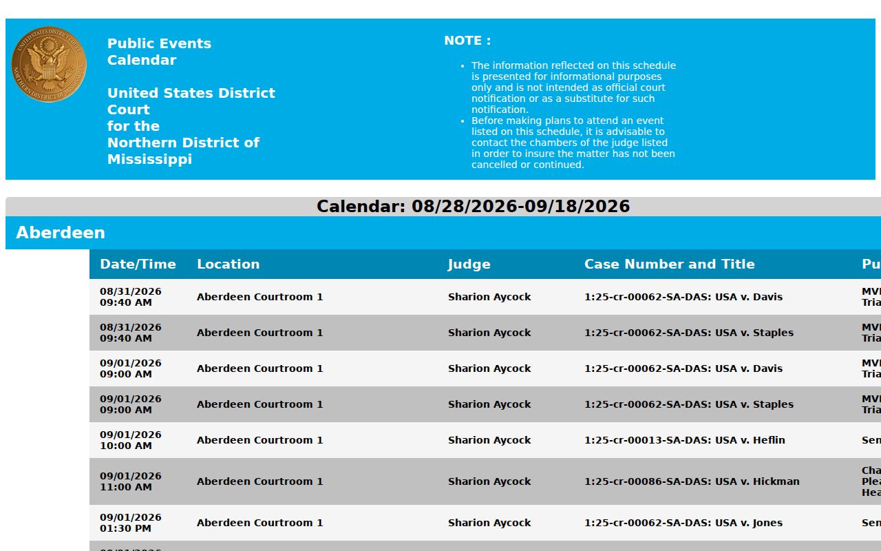 Sunflower County court dates federal Greenville calendar interface