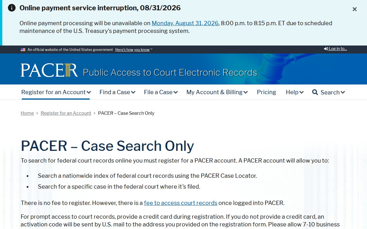 Sunflower court docket PACER case search registration source page