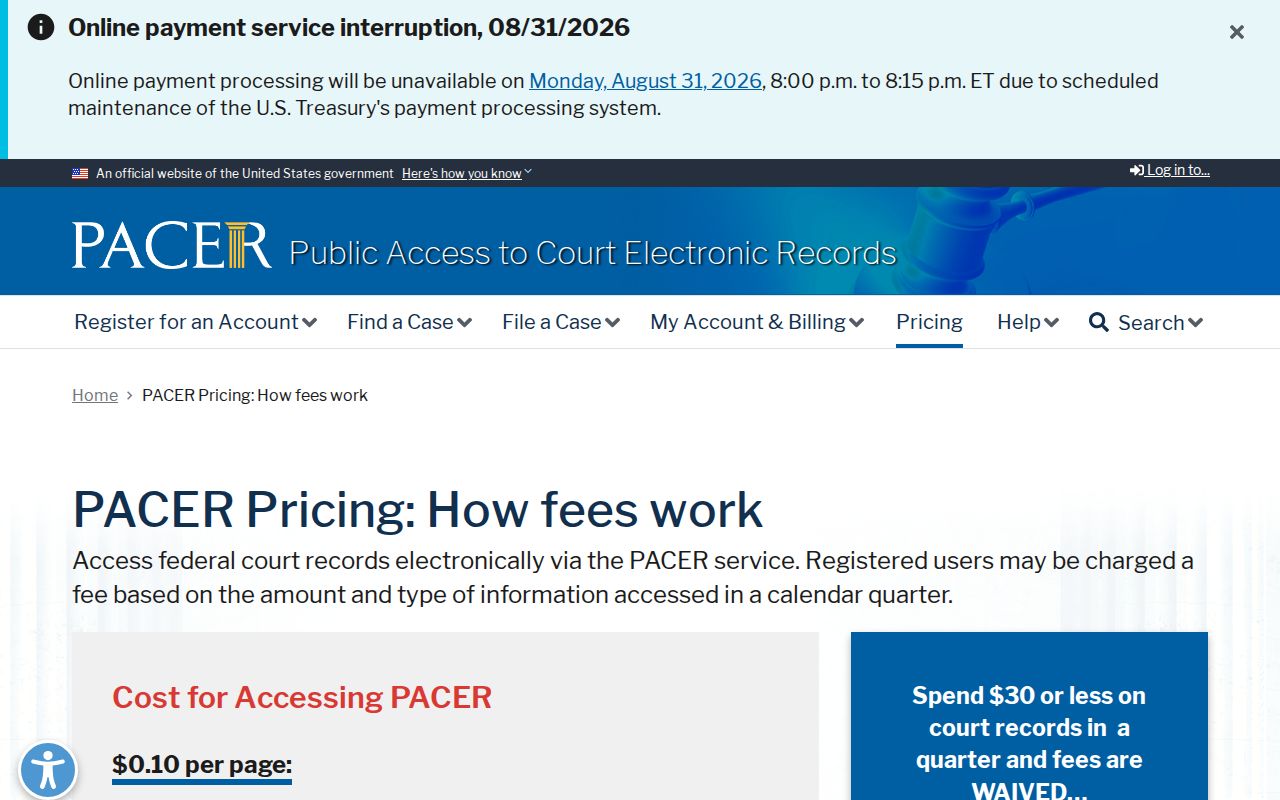 Sunflower County traffic record research showing PACER federal access pricing