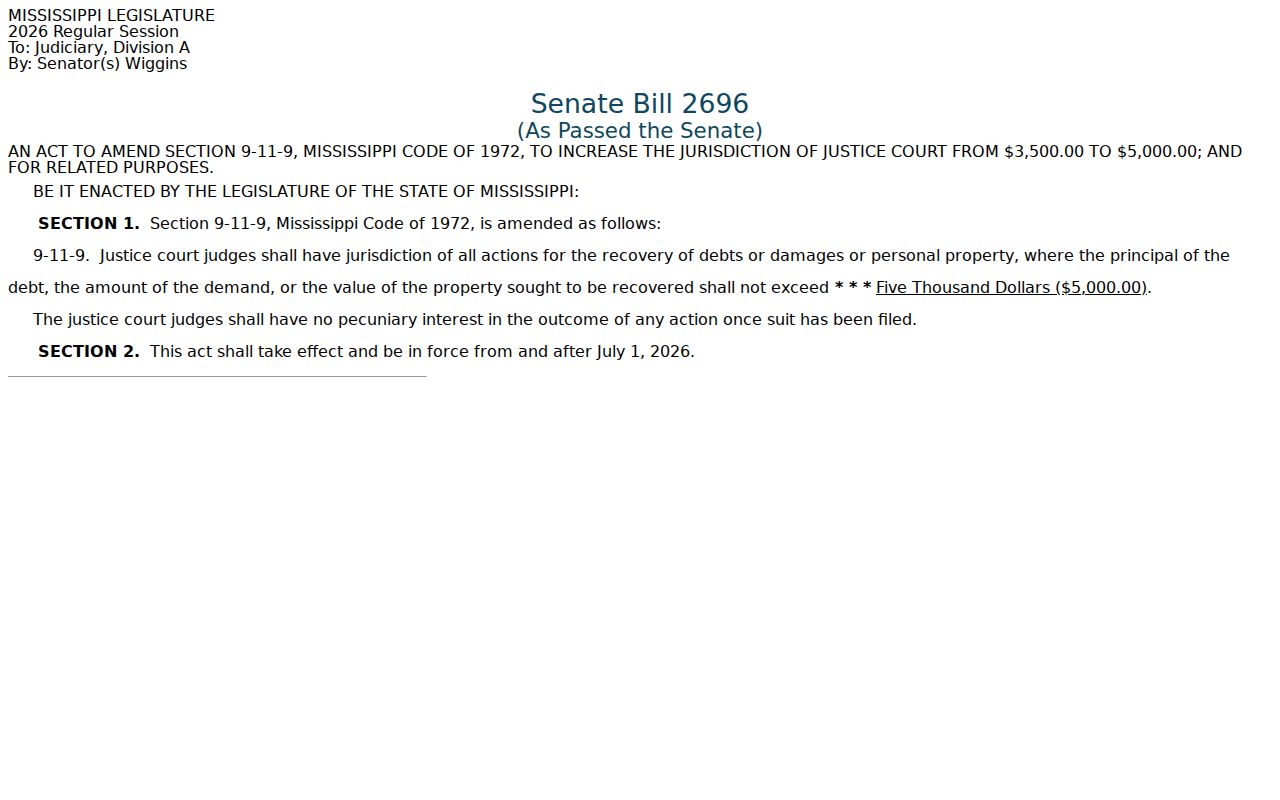 Sunflower County traffic court routing reference from Mississippi legislative status text